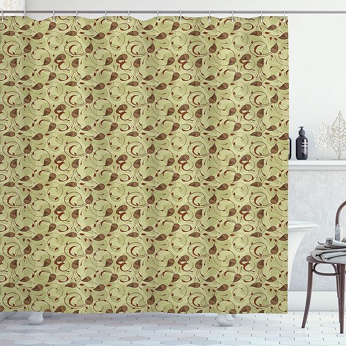 Ambesonne Paisley Shower Curtain, Modern Design of Classic Eastern Leafy Motif and Swirly Branches Art Oriental, Cloth Fabric Bathroom Decor Set with Hooks, 69" W x 70" L, Pale Green Brown
