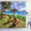 Ambesonne Coastal Shower Curtain, Sunbeds at Seychelles Coconut Palm Trees Bungalows Exotic Destinations Hills, Cloth Fabric Bathroom Decor Set with Hooks, 69" W x 70" L, Green Blue Brown
