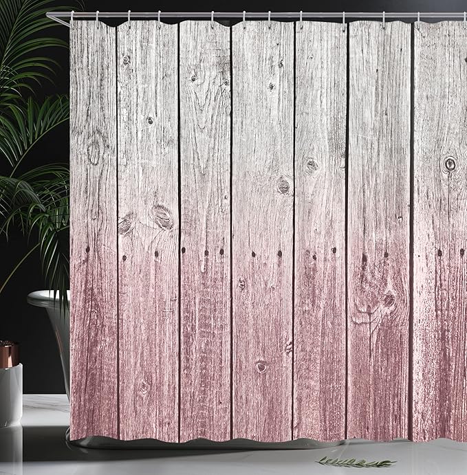 Ambesonne Rustic Shower Curtain, Wood Panels Background Digital Tones Effect Country House Art Image, Cloth Fabric Bathroom Decor Set with Hooks, 69" W x 75" L, Dried Rose Raspberry