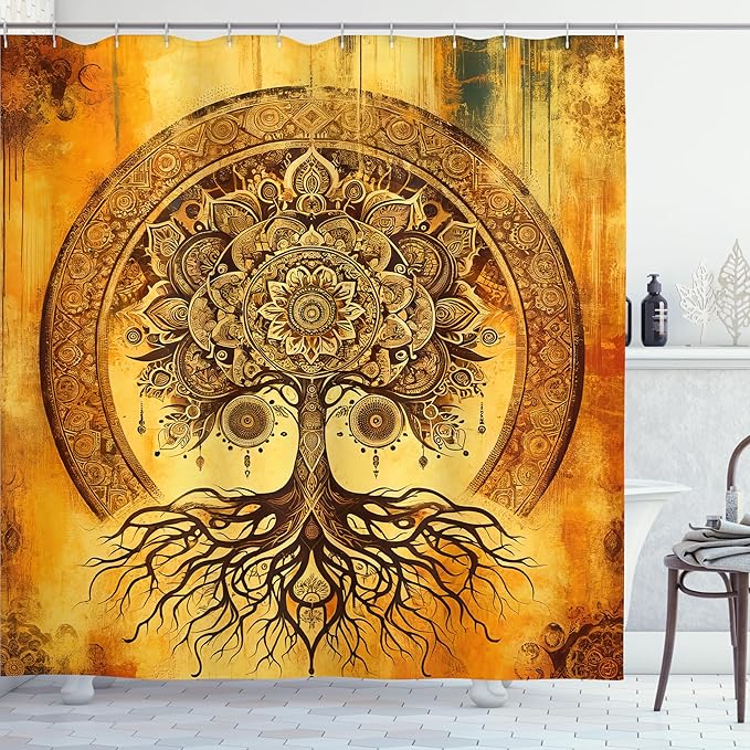 Ambesonne Boho Shower Curtain, Oriental Atmosphere Warm Tone Mandala Ornate Life Tree with Grungy Hues, Cloth Fabric Bathroom Decor Set with Hooks, 69" W x 70" L, Burnt Orange Dark Taupe