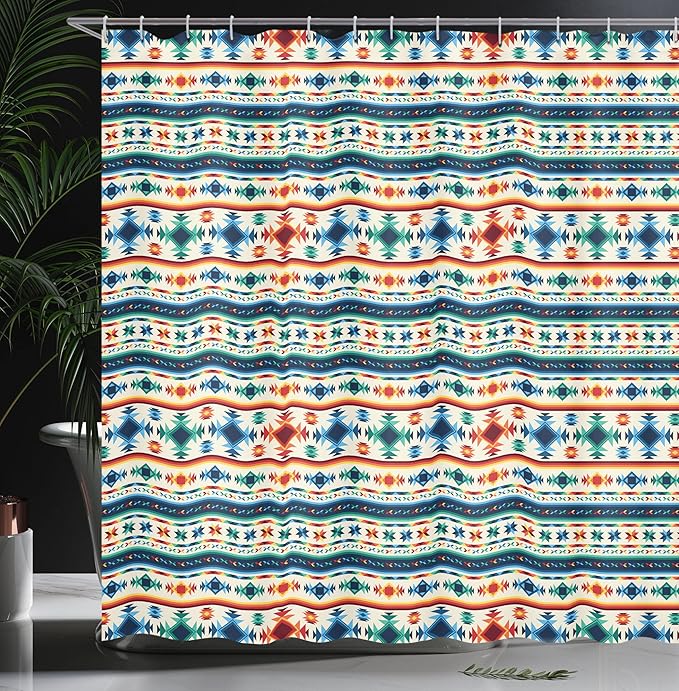 Ambesonne Abstract Shower Curtain, Tribal Abstract Seamless Aztec Geometrical Prehistoric Pattern, Cloth Fabric Bathroom Decor Set with Hooks, 69" W x 70" L, Blue White and Orange