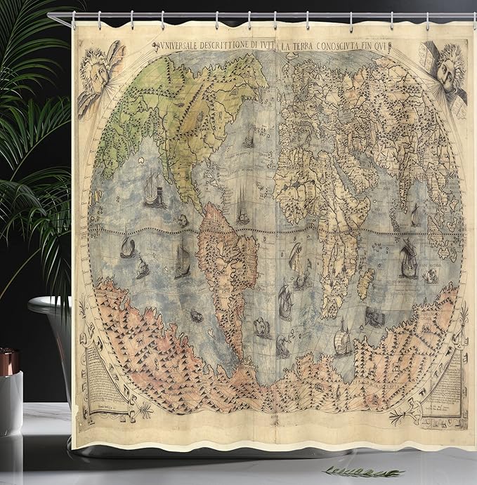 Ambesonne Antique Shower Curtain, Map of World Global History Stained Paper Oceans Lands Vintage Atlas, Cloth Fabric Bathroom Decor Set with Hooks, 69" W x 75" L, Cream Green