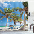 Ambesonne Beach Shower Curtain, Hammock Between Palm Trees and Sand Sunny Coast Scenery Travel Holiday Tropic Vacation Image, Cloth Fabric Bathroom Decor Set with Hooks, 69" W x 84" L, Coconut Green