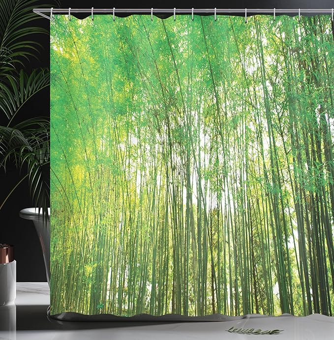 Ambesonne Woodland Shower Curtain, Tall Trees Forest Natural Botanical Garden Scenery Landscape Print, Cloth Fabric Bathroom Decor Set with Hooks, 69" W x 70" L, Yellow Olive Green Green