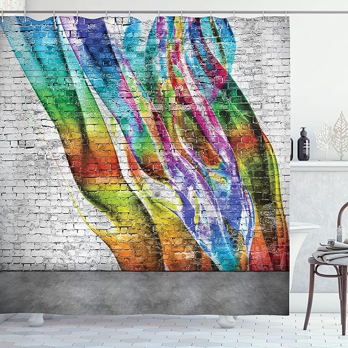 Ambesonne Brick Wall Shower Curtain, Abstract Graffiti Painted on Wall Harmony of Colors Street Art Fresco Print, Cloth Fabric Bathroom Decor Set with Hooks, 69" W x 70" L, Rainbow Colors