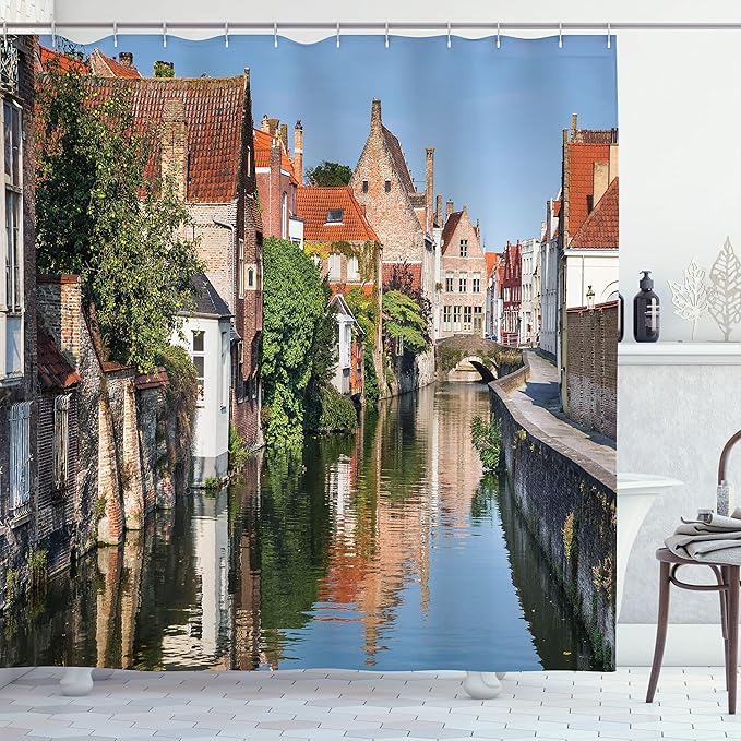 Ambesonne European Shower Curtain, Vivid Scenery Water Canal in Bruges Old Town Tale Heritage Image Print, Cloth Fabric Bathroom Decor Set with Hooks, 69" W x 84" L, Coral Green