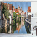 Ambesonne European Shower Curtain, an Image of a Scenery of Water Canal in Bruges an Old Town Tale of Heritage Antique Artwork, Cloth Fabric Bathroom Decor Set with Hooks, 69" W x 75" L, Coral Green
