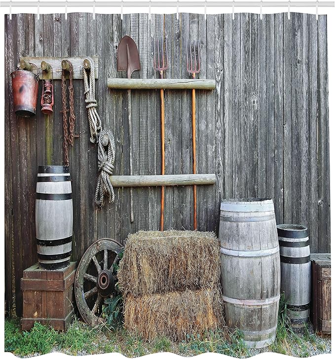 Ambesonne Agriculture Shower Curtain, Western Wooden Barn Countryside Bucolic Rural House Folk Vintage Scenery, Cloth Fabric Bathroom Decor Set with Hooks, 69" W x 84" L, Brown Grey