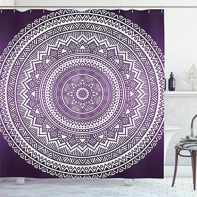 Ambesonne Purple Shower Curtain, Ombre Mandala Art Print Vibrant Floral Pattern Boho Hippie Inspired Design, Cloth Fabric Bathroom Decor Set with Hooks, 69" W x 70" L, Purple and White