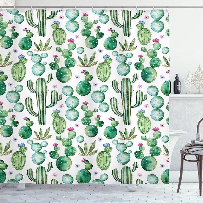 Ambesonne Green Shower Curtain, Mexican Texas Cactus Plants Spikes Cartoon Like Print, Cloth Fabric Bathroom Decor Set with Hooks, 69" W x 75" L, Lime Green Pale Pink
