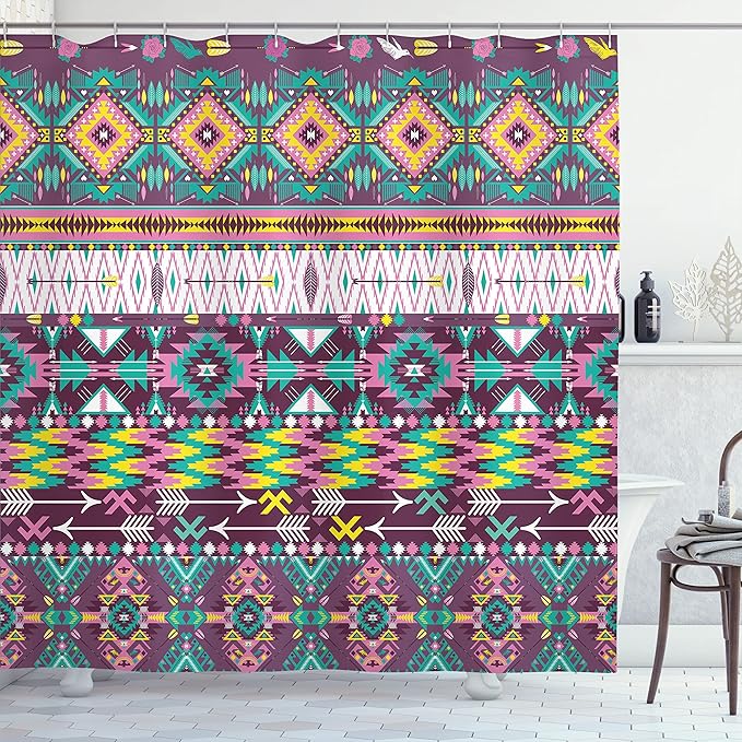 Ambesonne Tribal Shower Curtain, Traditional Pattern Geometrics and Arrows Art, Cloth Fabric Bathroom Decor Set with Hooks, 69" W x 84" L, Teal Purple Yellow
