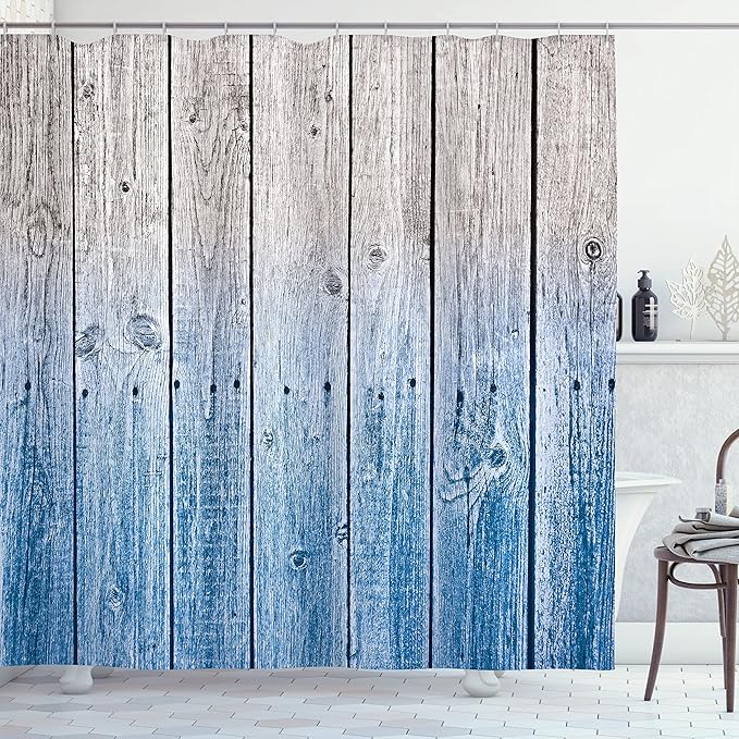 Ambesonne Rustic Shower Curtain, Wood Panels Background Digital Tones Effect Country House Art Image, Cloth Fabric Bathroom Decor Set with Hooks, 69" W x 70" L, Azure Blue