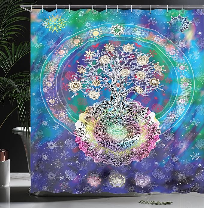 Ambesonne Mandala Shower Curtain, Tree of Life Image Floral Style Patterns and Mandala Design, Cloth Fabric Bathroom Decor Set with Hooks, 69" W x 84" L, Blue Purple