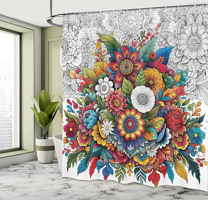 Ambesonne Modern Shower Curtain, Oriental Boho Design Psychedelic Aura Floral Jumble with Outline Details, Cloth Fabric Bathroom Decor Set with Hooks, 69" W x 75" L, White Grey Multicolor