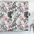 Ambesonne Flamingo Shower Curtain, Flamingos Pattern Leaves and Flowers Tropical Plants on The Background, Cloth Fabric Bathroom Decor Set with Hooks, 69" W x 70" L, Black Grey Pale Pink