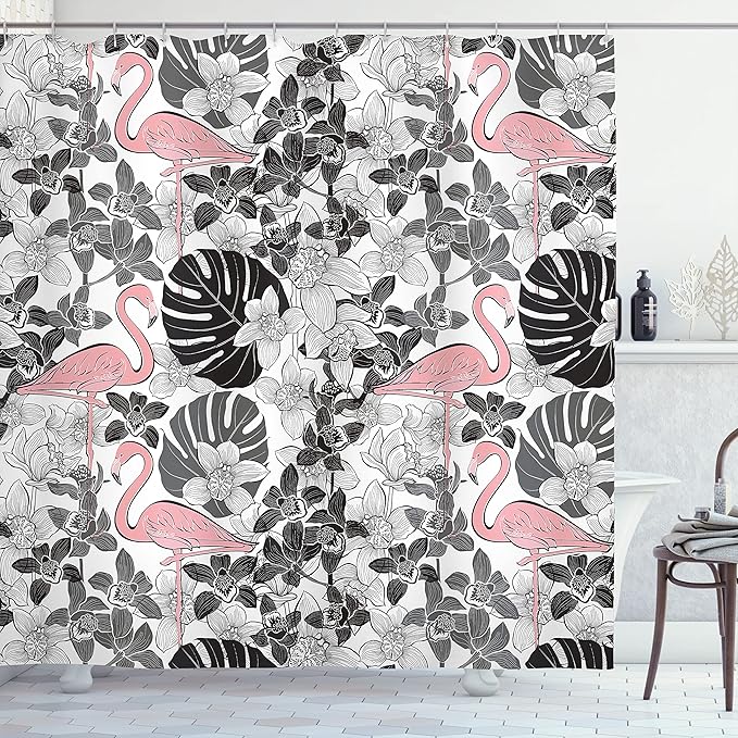 Ambesonne Flamingo Shower Curtain, Flamingos Pattern Leaves and Flowers Tropical Plants on The Background, Cloth Fabric Bathroom Decor Set with Hooks, 69" W x 70" L, Black Grey Pale Pink