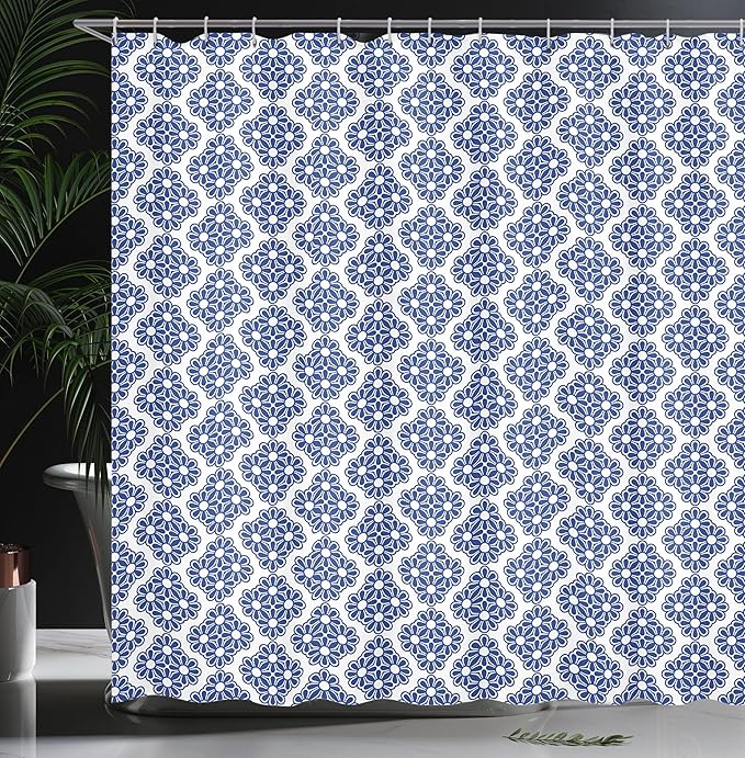 Ambesonne Moroccan Shower Curtain, Turkish Ottoman Mosaic Tiles with Floral Leaves Details Print, Cloth Fabric Bathroom Decor Set with Hooks, 69" W x 75" L, Turquoise Blue