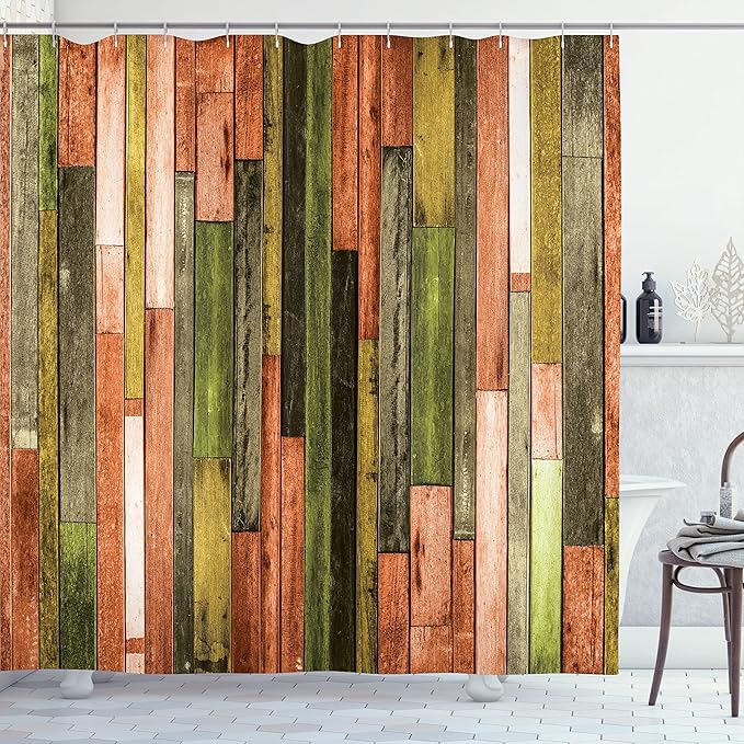 Ambesonne Wooden Print Shower Curtain, Brown Old Hardwood Floor Plank Grunge Lodge Garage Natural Rural Graphic, Cloth Fabric Bathroom Decor Set with Hooks, 69" W x 70" L, Burnt Orange