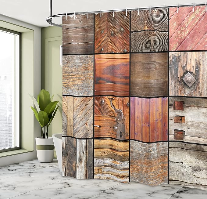 Ambesonne Antique Shower Curtain, Assortment of Different Wooden Architecture Elements Timber Door Key Print, Cloth Fabric Bathroom Decor Set with Hooks, 69" W x 84" L, Chocolate Brown