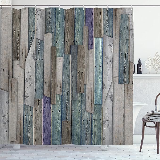 Ambesonne Rustic Shower Curtain, Vintage Wood Barn House Door Nail Country Themed Art, Cloth Fabric for Bathroom Farmhouse Bathroom Decor Essentials Set with Hooks, 69" W x 70" L, Umber Pale Teal Plum