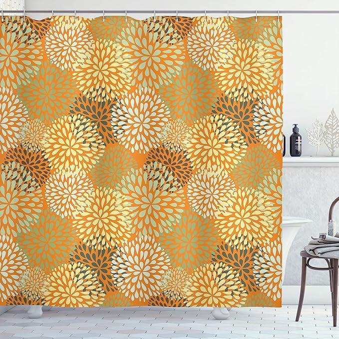 Ambesonne Floral Shower Curtain, Modern Floral Ornate Petals Flourish Traditional Springtime Garden Leaves, Cloth Fabric Bathroom Decor Set with Hooks, 69" W x 70" L, Apricot