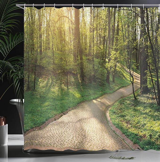Ambesonne Outdoor Shower Curtain, Footpath Green City Park Sun Rays Freshness Hiking Forest Tranquil Botany, Cloth Fabric Bathroom Decor Set with Hooks, 69" W x 70" L, Green Beige Yellow