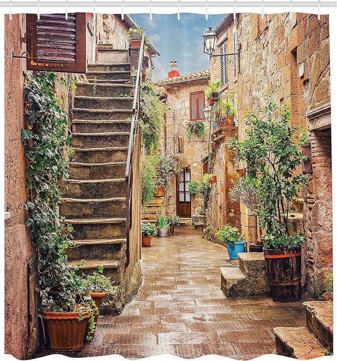 Ambesonne Italian Shower Curtain, View of Old Mediterranean Street Stone Rock Houses in Italy City Rural Print, Cloth Fabric Bathroom Decor Set with Hooks, 69" W x 70" L, Camel Hunter Green