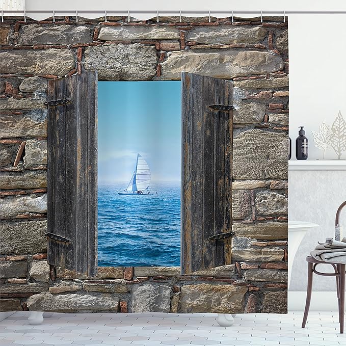 Ambesonne Nautical Shower Curtain, Image of a Sailing Boat from Stone Window Narrow Perspective Idyllic Mediterranean, Cloth Fabric Bathroom Decor Set with Hooks, 69" W x 75" L, Grey Blue