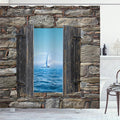 Ambesonne Nautical Shower Curtain, Image of a Sailing Boat from Stone Window Narrow Perspective Idyllic Mediterranean, Cloth Fabric Bathroom Decor Set with Hooks, 69" W x 70" L, Grey Blue