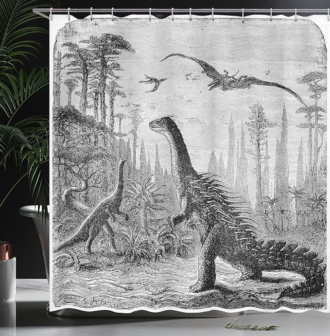 Ambesonne Fantasy Shower Curtain, Dinosaurs Dragons in an Araucaria Landscape Prehistorics on Earth Trex Illustration Print, Cloth Fabric Bathroom Decor Set with Hooks, 69" W x 70" L, Grey