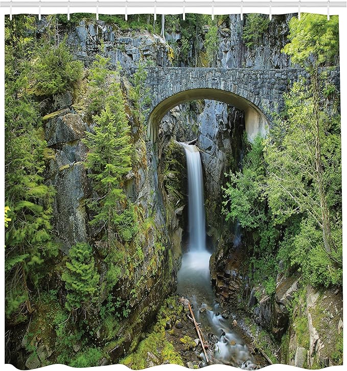 Ambesonne Mt Rainier Shower Curtain, Scenery Photo Christine Falls in Mount Rainier National Park America Picturesque, Cloth Fabric Bathroom Decor Set with Hooks, 69" W x 70" L, Sepia Green