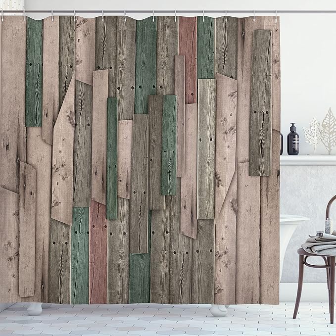 Ambesonne Rustic Shower Curtain, Grunge Wood Planks Barn House Door Nails Country Farm House Life Theme Layout, Cloth Fabric Bathroom Decor Set with Hooks, 69" W x 75" L, Jade Green
