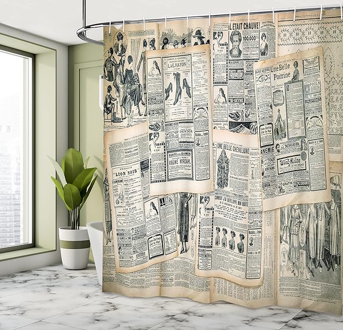 Ambesonne Antique Shower Curtain, Vintage Style Sepia Toned Newspaper Print with Old Fashioned Illustrations, Cloth Fabric Bathroom Decor Set with Hooks, 69" W x 75" L, Green Beige