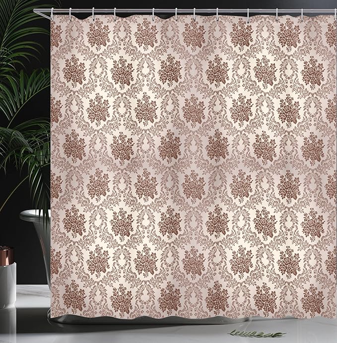 Ambesonne Damask Shower Curtain, Vintage Style Floral Pattern Abstract Romantic Bouquet Greenery Art Print, Cloth Fabric Bathroom Decor Set with Hooks, 69" W x 70" L, Warm Taupe