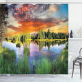 Ambesonne Landscape Shower Curtain, Calm Natural Picture at Sunrise by The River Forest Trees Clouds Weeds Sun Reflections on Water, Cloth Fabric Bathroom Set with Hooks, 69" W x 70" L, Green Orange
