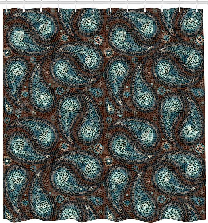 Ambesonne Paisley Shower Curtain, Modern Mosaic Like Circled Design with Teardrop Shaped Art Print, Cloth Fabric Bathroom Decor Set with Hooks, 69" W x 70" L, Brown Blue and Dark Blue