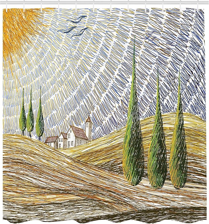 Ambesonne Italian Shower Curtain, Van Gogh Style Italy Valley Rural Fields European Scenery Painting Print, Cloth Fabric Bathroom Decor Set with Hooks, 69" W x 75" L, Lime Green Apricot Night Blue