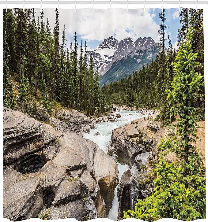 Ambesonne Landscape Shower Curtain, River Float Between Rocks in Forest Northern Recreation Camping Rafting Woods, Cloth Fabric Bathroom Decor Set with Hooks, 69" W x 75" L, Green White