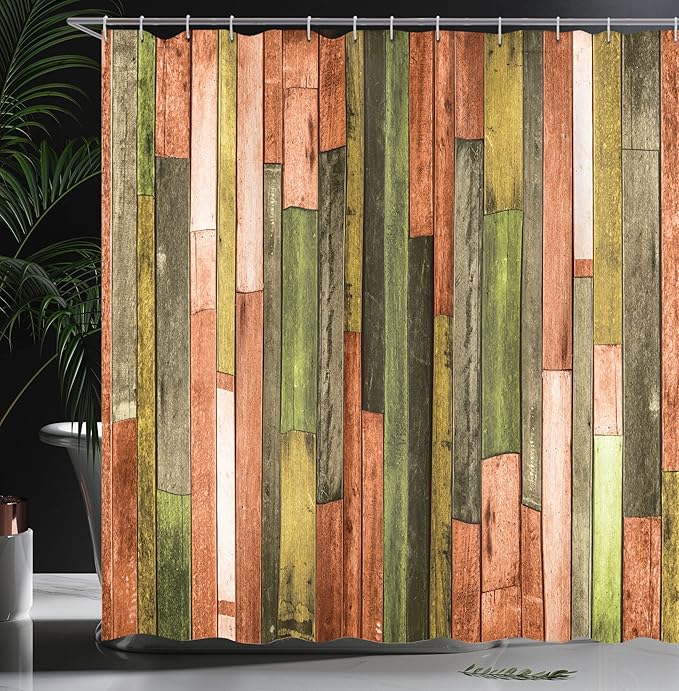 Ambesonne Wooden Print Shower Curtain, Brown Old Hardwood Floor Plank Grunge Lodge Garage Natural Rural Graphic, Cloth Fabric Bathroom Decor Set with Hooks, 69" W x 70" L, Burnt Orange