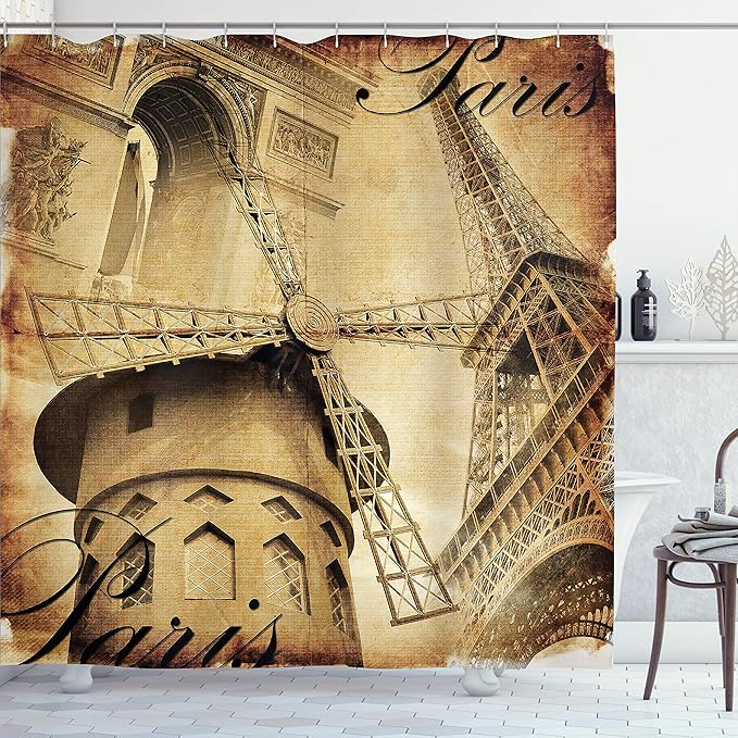 Ambesonne Eiffel Tower Shower Curtain, Parisian Architecture Monument Vacation Tourist Destination Vintage Style Art, Cloth Fabric Bathroom Decor Set with Hooks, 69" W x 70" L, Pale Brown