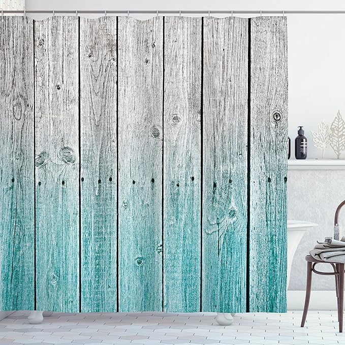Ambesonne Rustic Shower Curtain, Powder Room Decorations Wood Panels Background with Digital Tones Effect Country House Image, Cloth Fabric for Home Bathroom Decor Set with Hooks, 69" W x 84" L, Grey