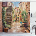 Ambesonne Italian Shower Curtain, View of Old Mediterranean Street Stone Rock Houses in Italy City Rural Print, Cloth Fabric Bathroom Decor Set with Hooks, 69" W x 70" L, Camel Hunter Green