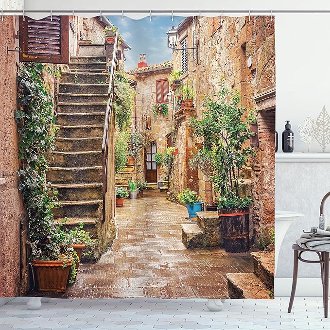 Ambesonne Italian Shower Curtain, View of Old Mediterranean Street Stone Rock Houses in Italy City Rural Print, Cloth Fabric Bathroom Decor Set with Hooks, 69" W x 70" L, Camel Hunter Green