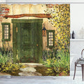 Ambesonne Rustic Shower Curtain, Cottage Door Overgrown Bushes Grass Tree Garden Brick Countryside, Cloth Fabric Bathroom Decor Set with Hooks, 69" W x 75" L, Green Ivory Yellow