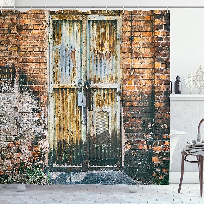 Ambesonne Rustic Shower Curtain, Dilapidated Door Gate Entrance to Old Brick Wall Abandoned Factory Urban Design Print, Cloth Fabric Bathroom Decor Set with Hooks, 69" W x 84" L, Grey Brown