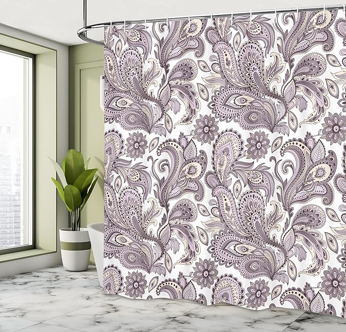 Ambesonne Paisley Shower Curtain, Ethnic Art Swirly Flowers Leaves Floral Pattern Bohemian Style Country Print, Cloth Fabric Bathroom Decor Set with Hooks, 69" W x 70" L, Mauve Taupe Ivory