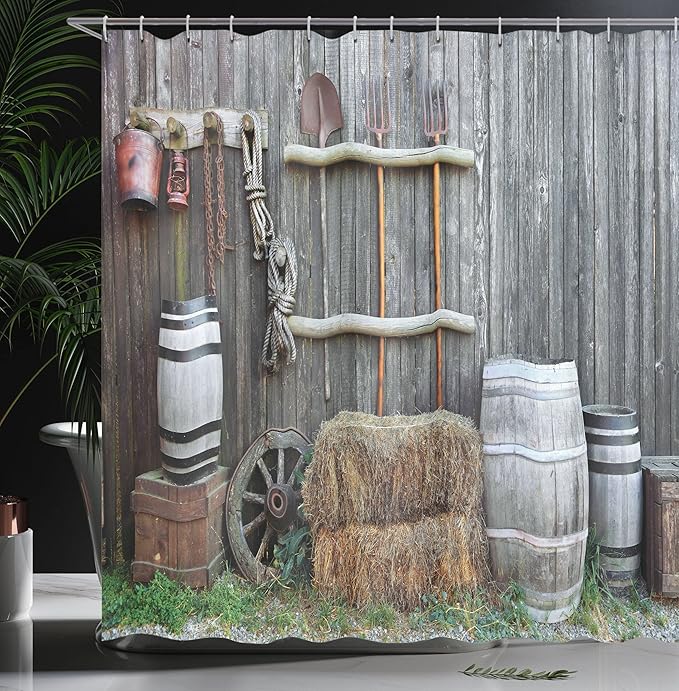 Ambesonne Agriculture Shower Curtain, Western Wooden Barn Countryside Bucolic Rural House Folk Vintage Scenery, Cloth Fabric Bathroom Decor Set with Hooks, 69" W x 84" L, Brown Grey