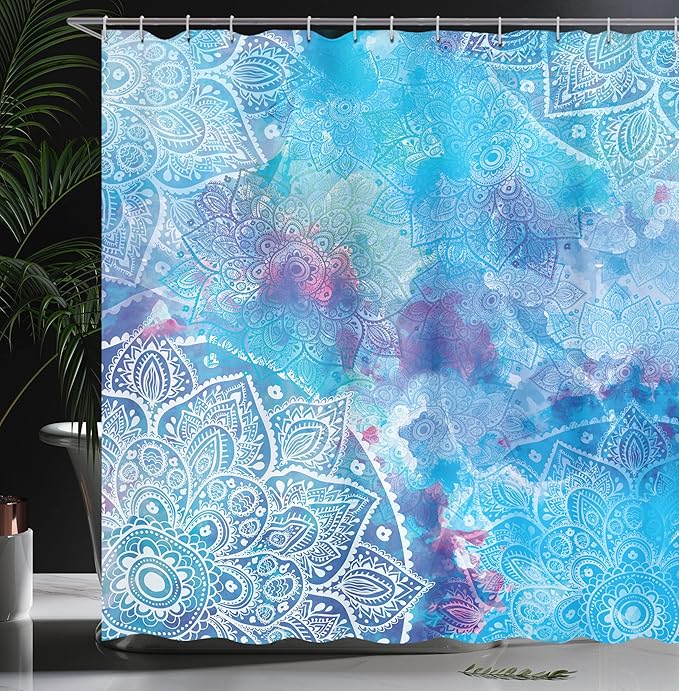 Batik Decor Shower Curtain by Ambesonne, Artistic Paisley Floral White Lace Mandala Watercolor Painting Artwork Print, Polyester Fabric Bathroom Set with Hooks, 69 X 70 Inches, Ombre Blue Purple Aqua