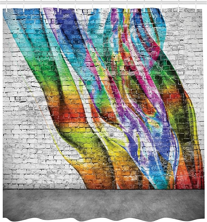 Ambesonne Brick Wall Shower Curtain, Abstract Graffiti Painted on Wall Harmony of Colors Street Art Fresco Print, Cloth Fabric Bathroom Decor Set with Hooks, 69" W x 70" L, Rainbow Colors