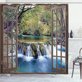 Ambesonne Waterfall Shower Curtain, Wide Waterfall Deep Down in The Forest Seen from a City Window Epic Surreal Print, Cloth Fabric Bathroom Decor Set with Hooks, 69" W x 84" L, Forest Green